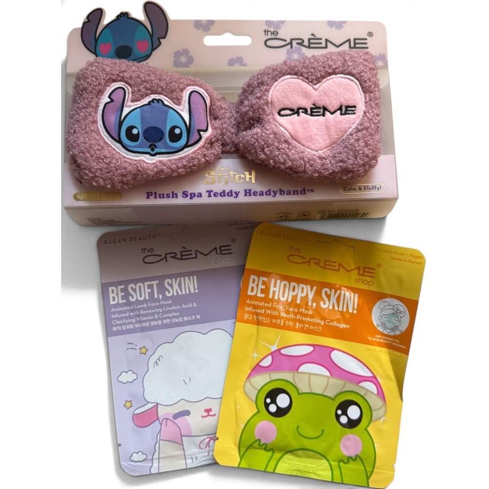 The Crème Shop Disney Stitch Plush Spa Headband + 2 Face Masks Gift Set NWT